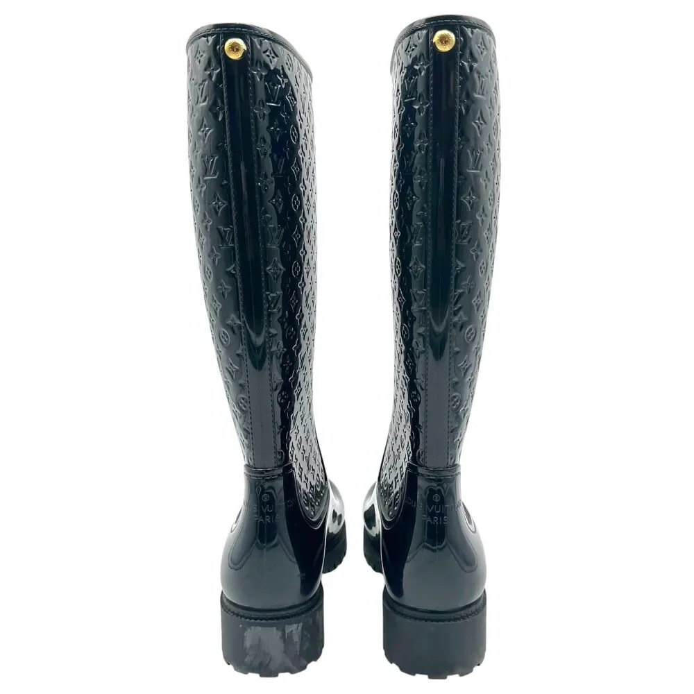 Louis Vuitton Black Shiny Rubber Embossed Monogram Rain Boots